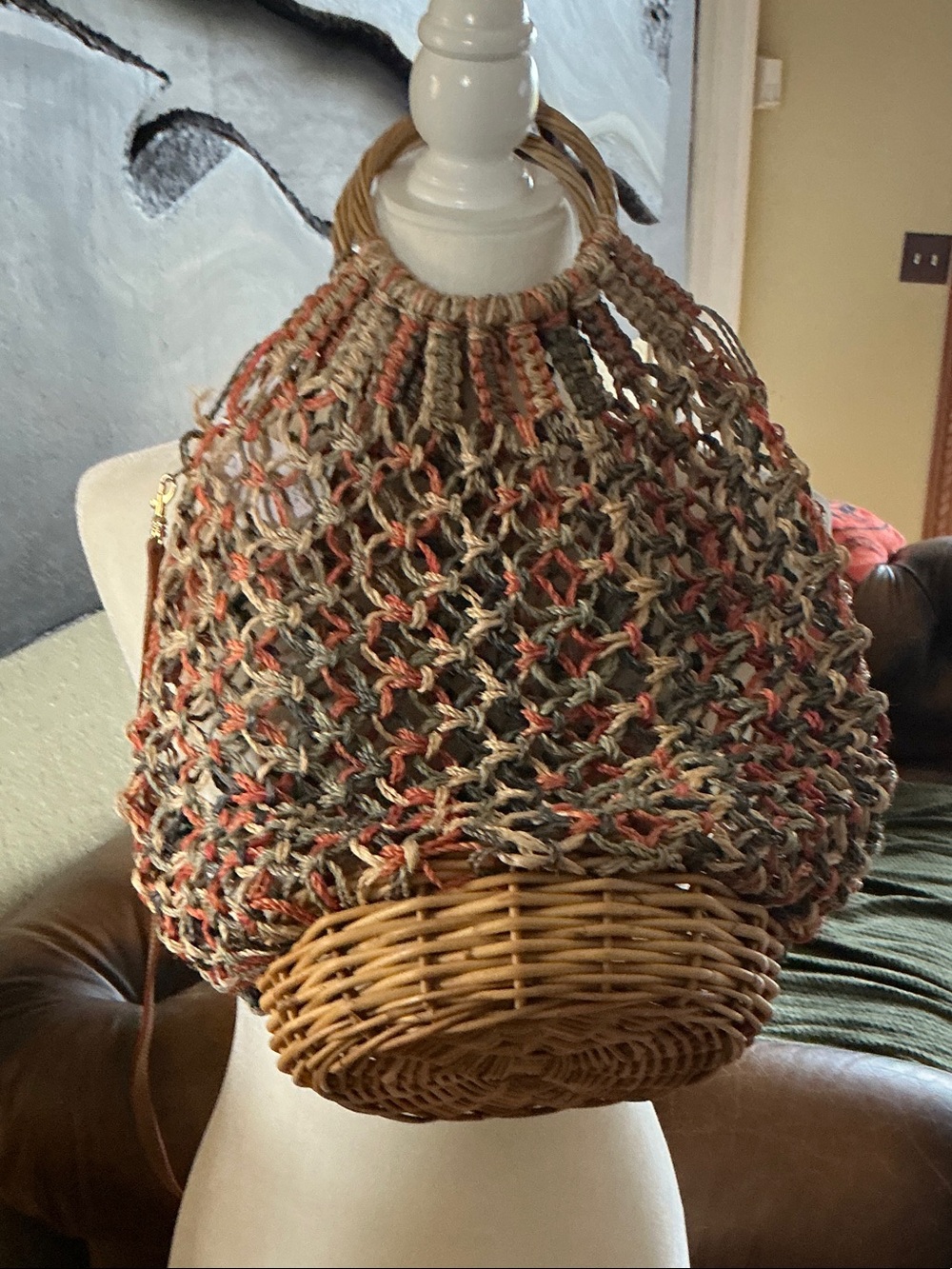 Woven Coral & Natural Net Tote with Wicker Base